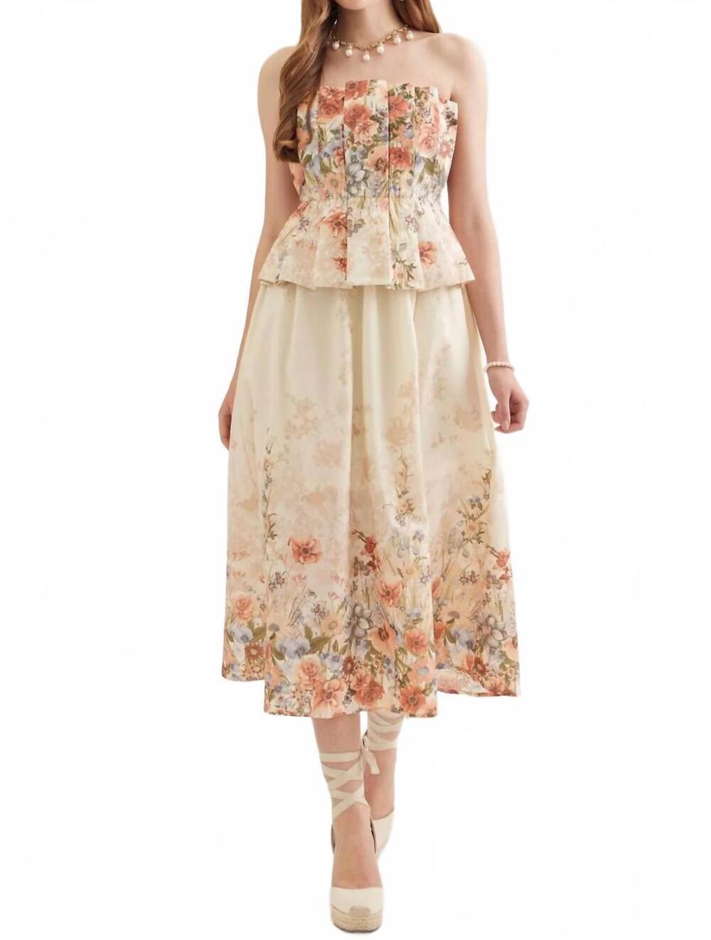NEW ENTRO floral strapless midi dress in rose multi